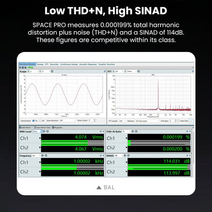 Audio measurement screen showing harmonic distortion and noise levels for the TANCHJIM Space Pro DAC & AMP