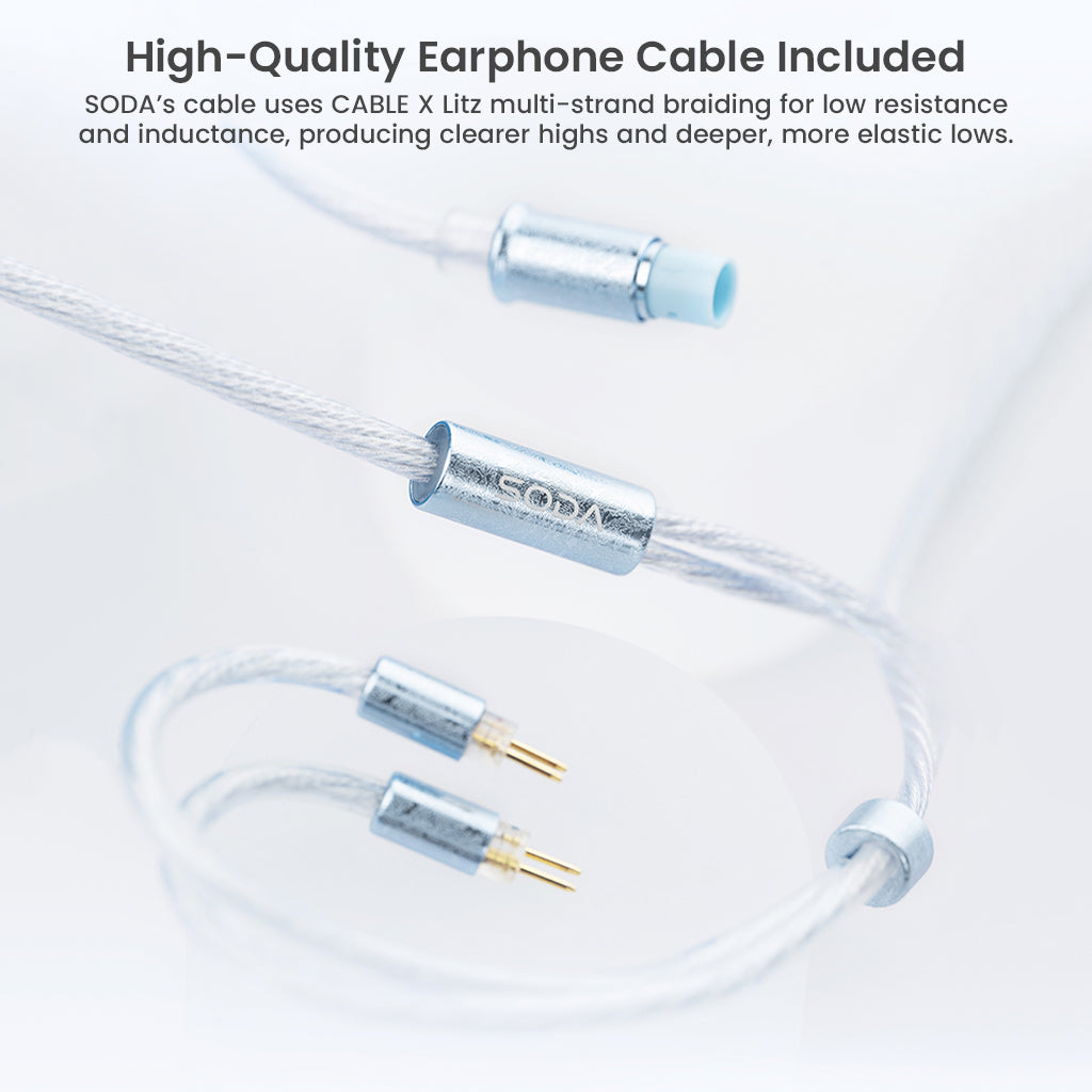High-quality CABLE X Litz cable included with TANCHJIM SODA IEMs, offering low resistance and enhanced audio clarity.