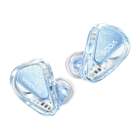 TANCHJIM SODA hybrid IEMs with 1DD + 4BA + 2 passive drivers in a transparent blue shell, designed for audiophile-grade sound clarity.