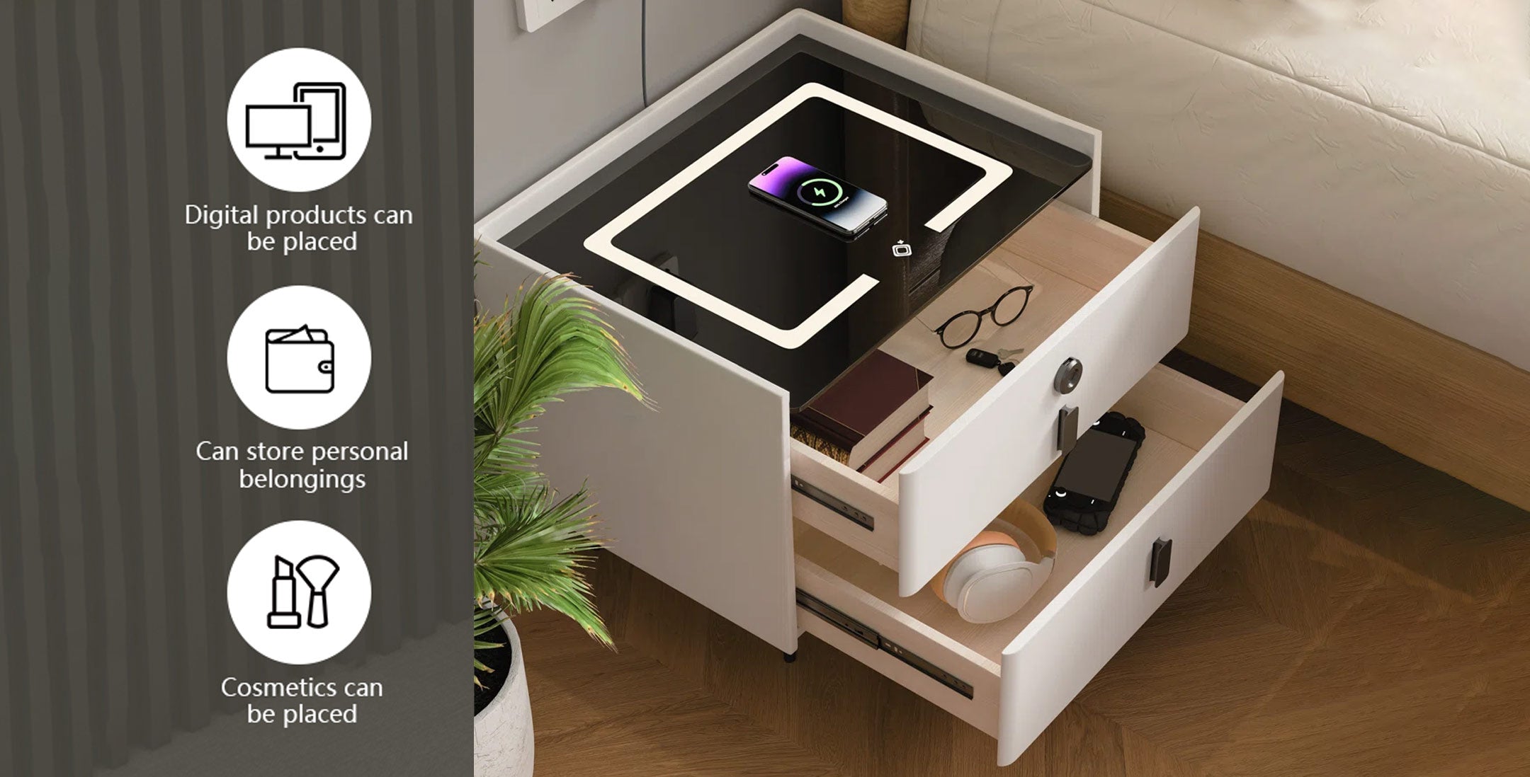 Tecphile  smart bedside table with wireless charging white 2 1