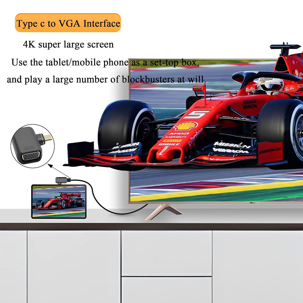 TECPHILE Type C to VGA Adapter enables 4K screen mirroring from mobile devices to TVs, perfect for streaming movies and gaming on a large display.