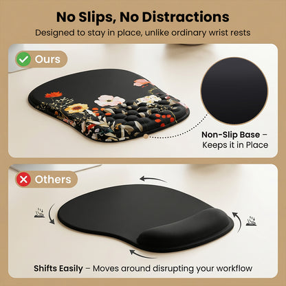 Black floral mouse pad with non-slip base on white surface