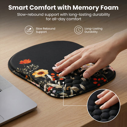Close-up of memory foam wrist support on floral mouse pad