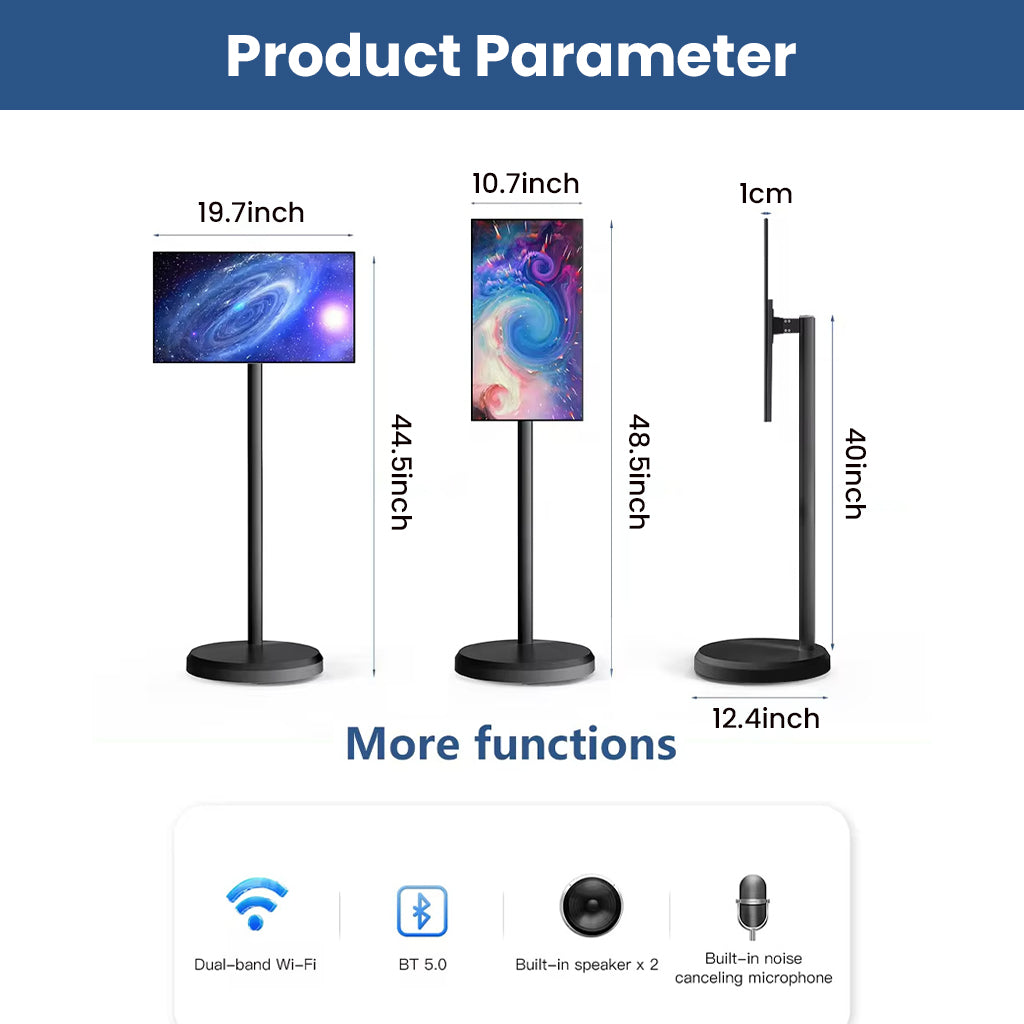 Product dimensions and additional features of LINGQI 21.5-inch Full HD Smart Digital Display, including Wi-Fi, Bluetooth, and built-in speakers.