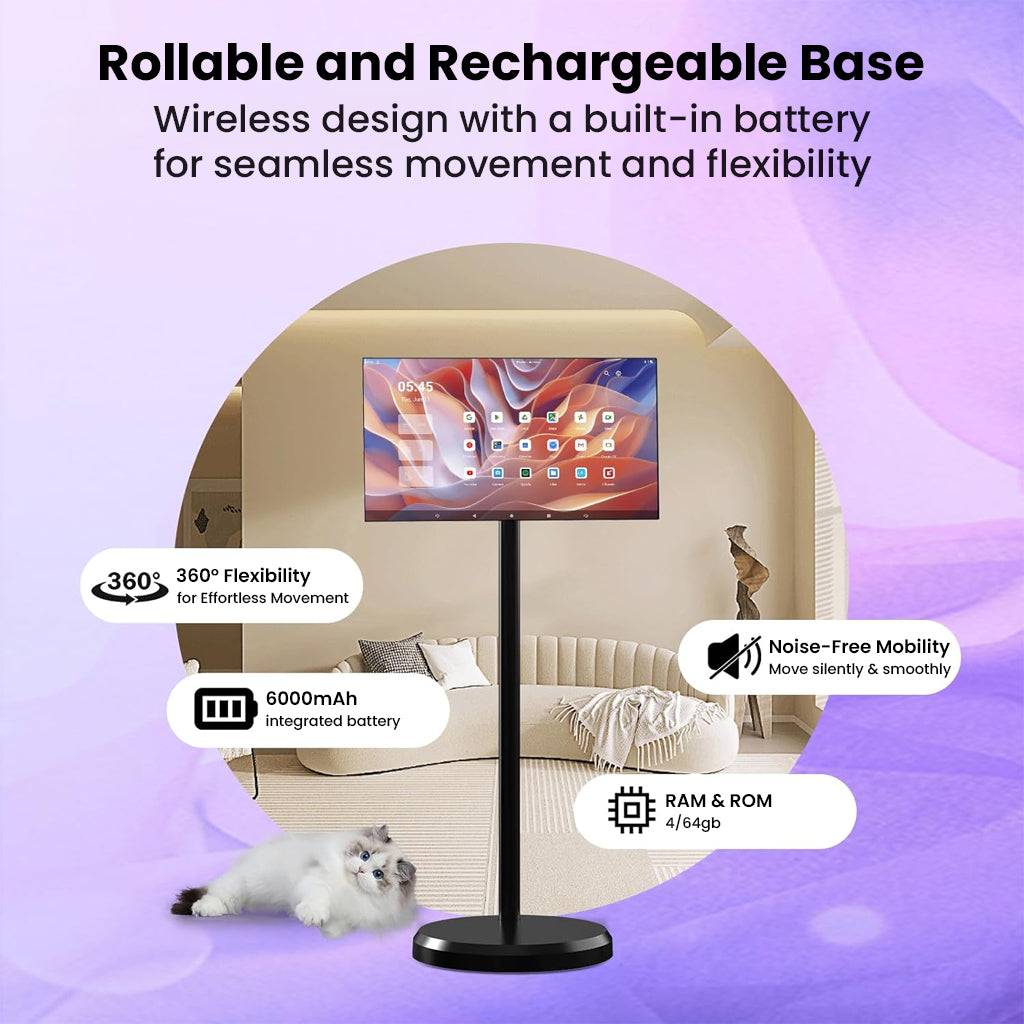 LINGQI 21.5-inch Full HD Smart Digital Display with rollable and rechargeable base, offering 360-degree flexibility and built-in battery.