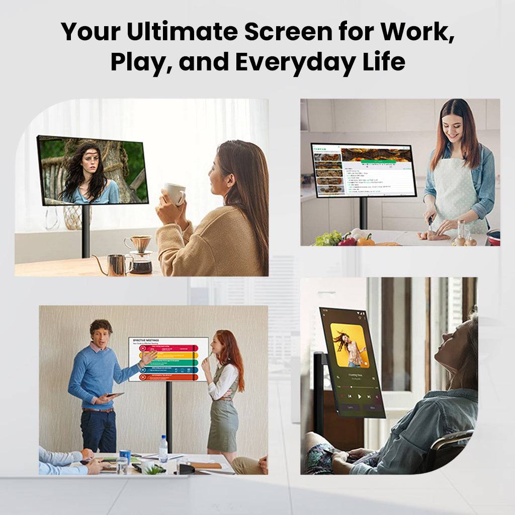 Versatile smart display for work, entertainment, and daily tasks, featuring adjustable positioning for different use cases.