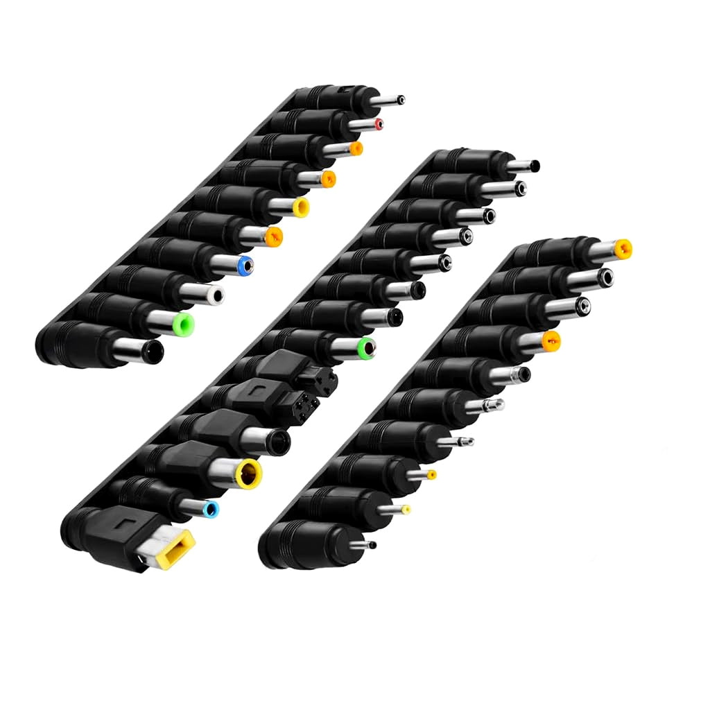 TECPHILE Multifunctional Laptop DC Power Adapter Set with 28 interchangeable tips for Lenovo, Dell, HP, and more. Ideal for universal laptop charging.
