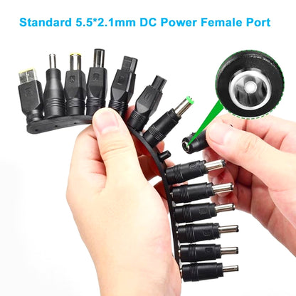 Close-up of TECPHILE DC Adapter Set showing 5.5*2.1mm female port and multiple interchangeable tips for universal laptop compatibility.