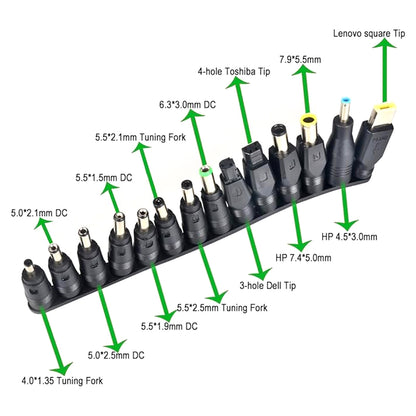 TECPHILE DC Adapter Set with labeled connector tips including Toshiba, HP, Dell, and Lenovo for wide laptop compatibility.
