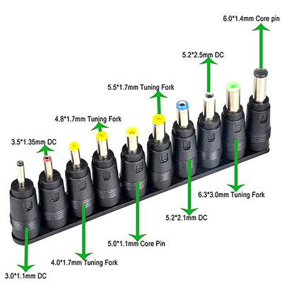 Universal TECPHILE Adapter Set with core pin and tuning fork tips, compatible with multiple laptop brands and power needs.