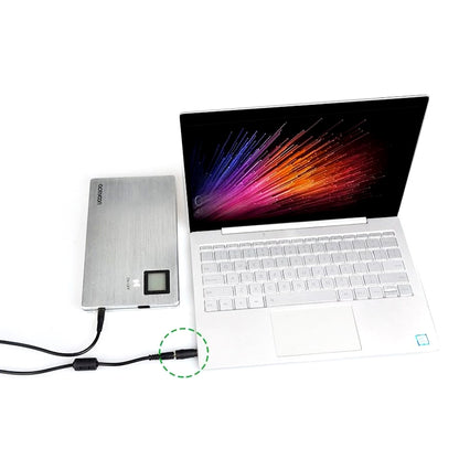 TECPHILE Adapter Set in use, connecting a laptop to a power bank with the 65W USB-C cable for efficient charging.