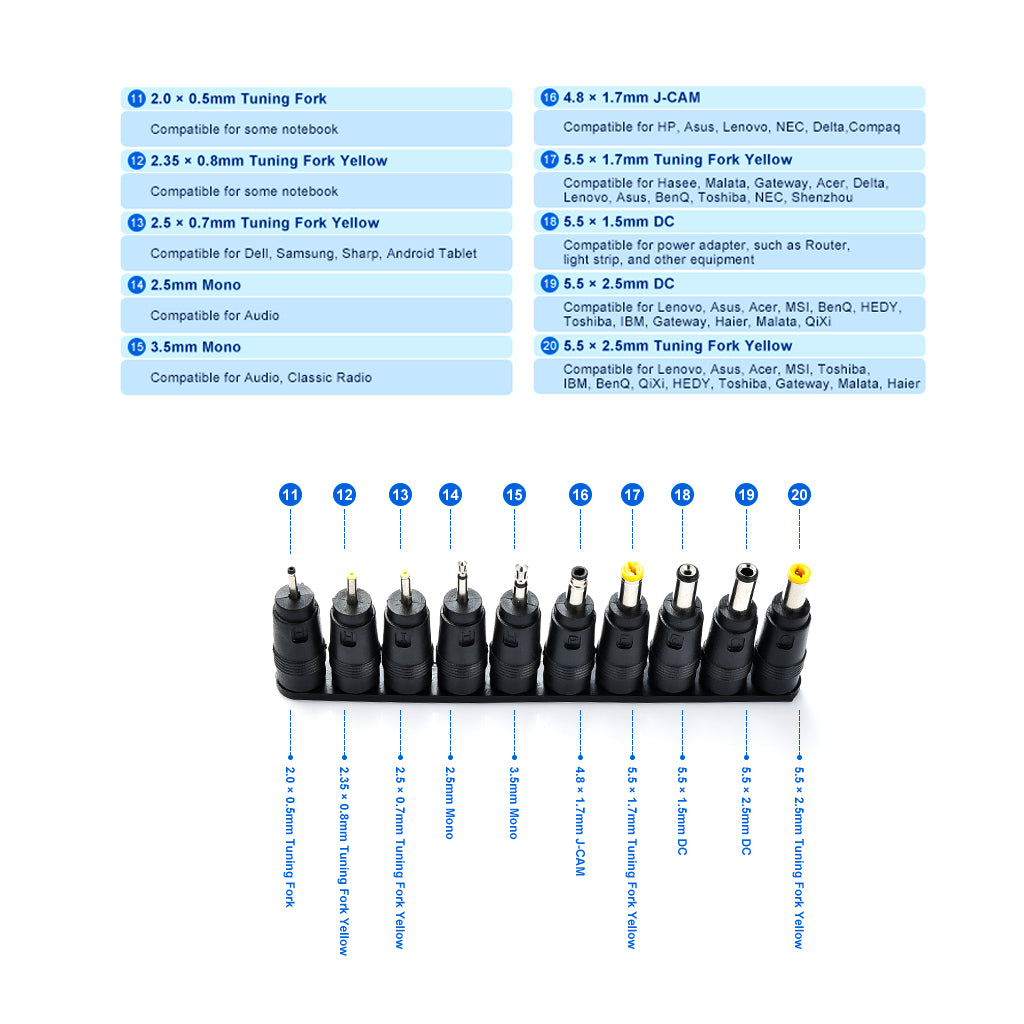 Detailed view of TECPHILE Adapter tips with compatibility for brands like HP, Asus, Toshiba, and Sony for universal power solutions.