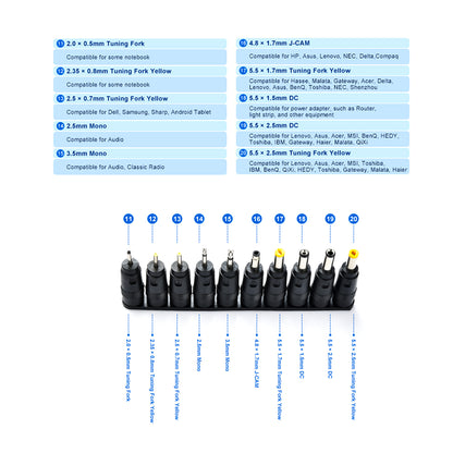Detailed view of TECPHILE Adapter tips with compatibility for brands like HP, Asus, Toshiba, and Sony for universal power solutions.