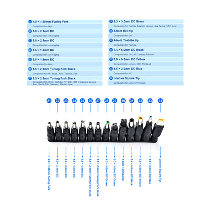 TECPHILE 34 PCs Adapter Set with labeled tips and brand compatibility including Dell, Fujitsu, NEC, and Lenovo Square Tip.