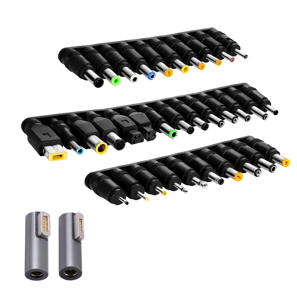 TECPHILE Multifunctional Laptop Adapter Set featuring 28 DC tips and 2 magnetic connectors for versatile power compatibility across devices.