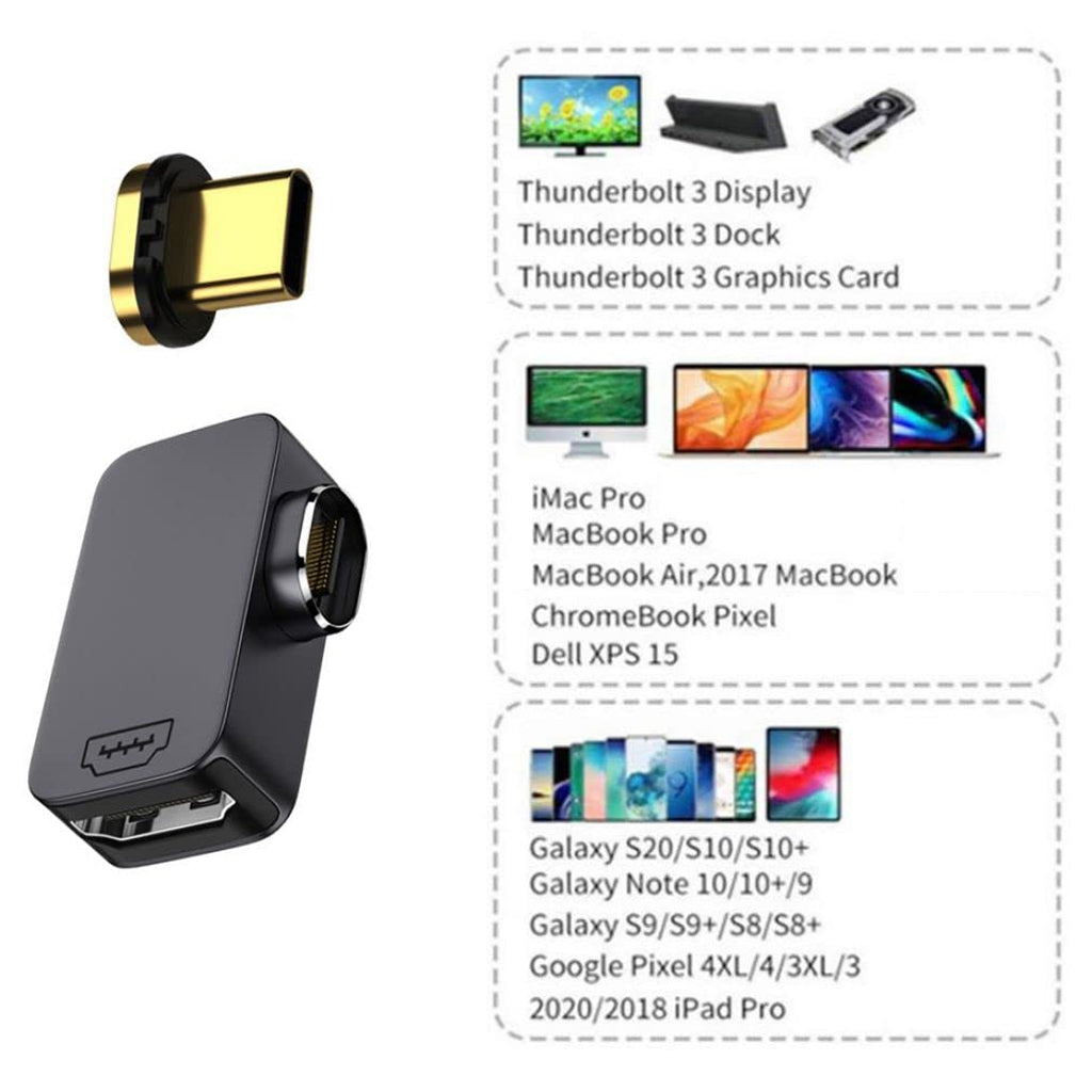 TECPHILE 4K FHD Magnetic Type C to HDMI Converter Adapter shown with compatibility chart for MacBook, Galaxy, Pixel, and Thunderbolt devices.