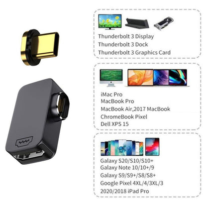 TECPHILE 4K FHD Magnetic Type C to HDMI Converter Adapter shown with compatibility chart for MacBook, Galaxy, Pixel, and Thunderbolt devices.