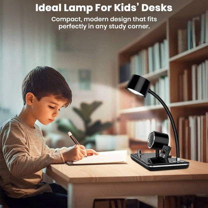 Compact TECPHILE 5-in-1 desk lamp on a child's study desk, combining lighting, Bluetooth speaker, and wireless charging.