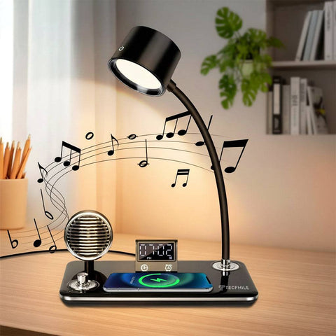 5-in-1 study desk lamp with Bluetooth speaker and wireless charging, shown in a home office setting with music notes indicating audio playback.