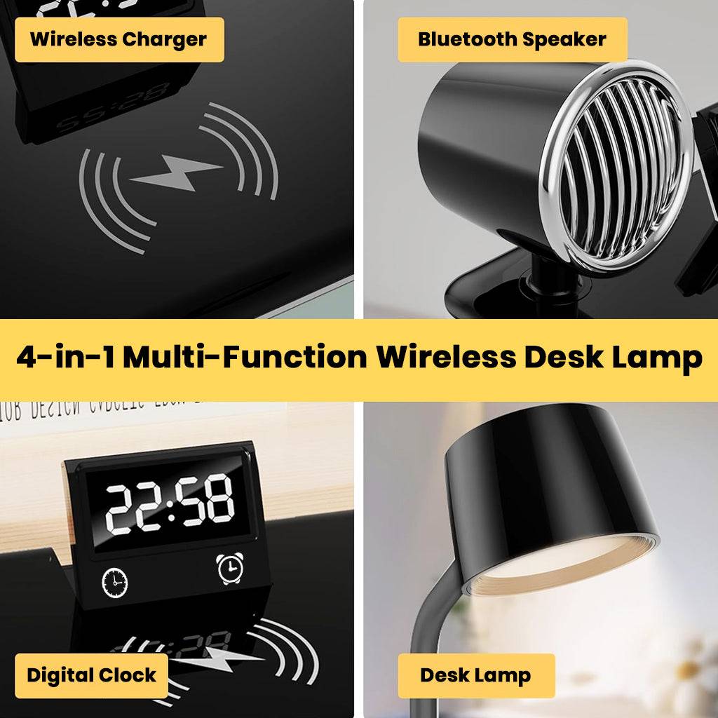 Close-up of TECPHILE multifunction desk lamp showing wireless charger, Bluetooth speaker, digital clock, and LED lamp features.
