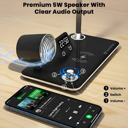 Premium 5W Bluetooth speaker integrated into TECPHILE 5-in-1 desk lamp, offering clear audio output for music and calls.
