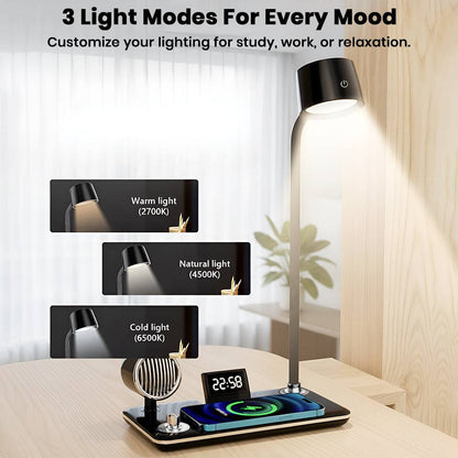 Three light modes—warm, natural, and cold—on TECPHILE 5-in-1 desk lamp for customized lighting in study or relaxation settings.