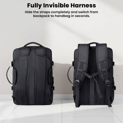 TECPHILE smart backpack with fully invisible harness, easily converts from backpack to handbag for versatile use.