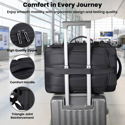 TECPHILE smart travel backpack with ergonomic handle, triangle joint reinforcement, and smooth mobility design.