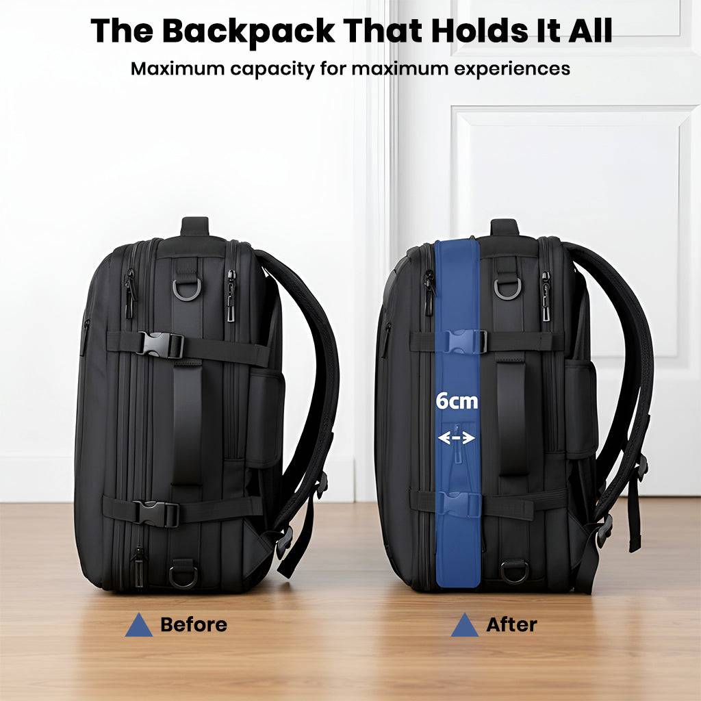 TECPHILE vacuum backpack expands 6cm for increased capacity, ideal for maximizing space during travel.