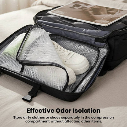 TECPHILE vacuum backpack with odor-isolating compartment for storing shoes or dirty clothes separately during travel.