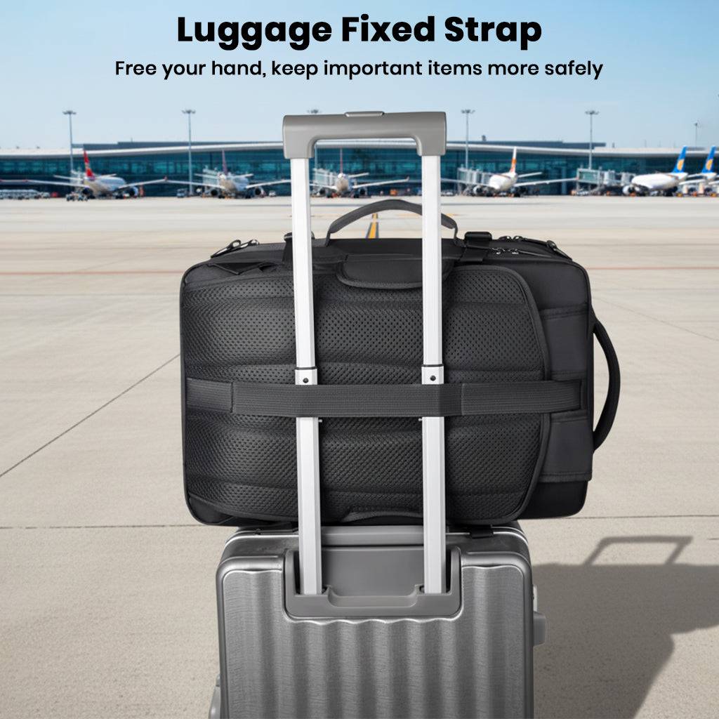 TECPHILE expandable laptop backpack with luggage strap for secure attachment to suitcase handles during airport travel.