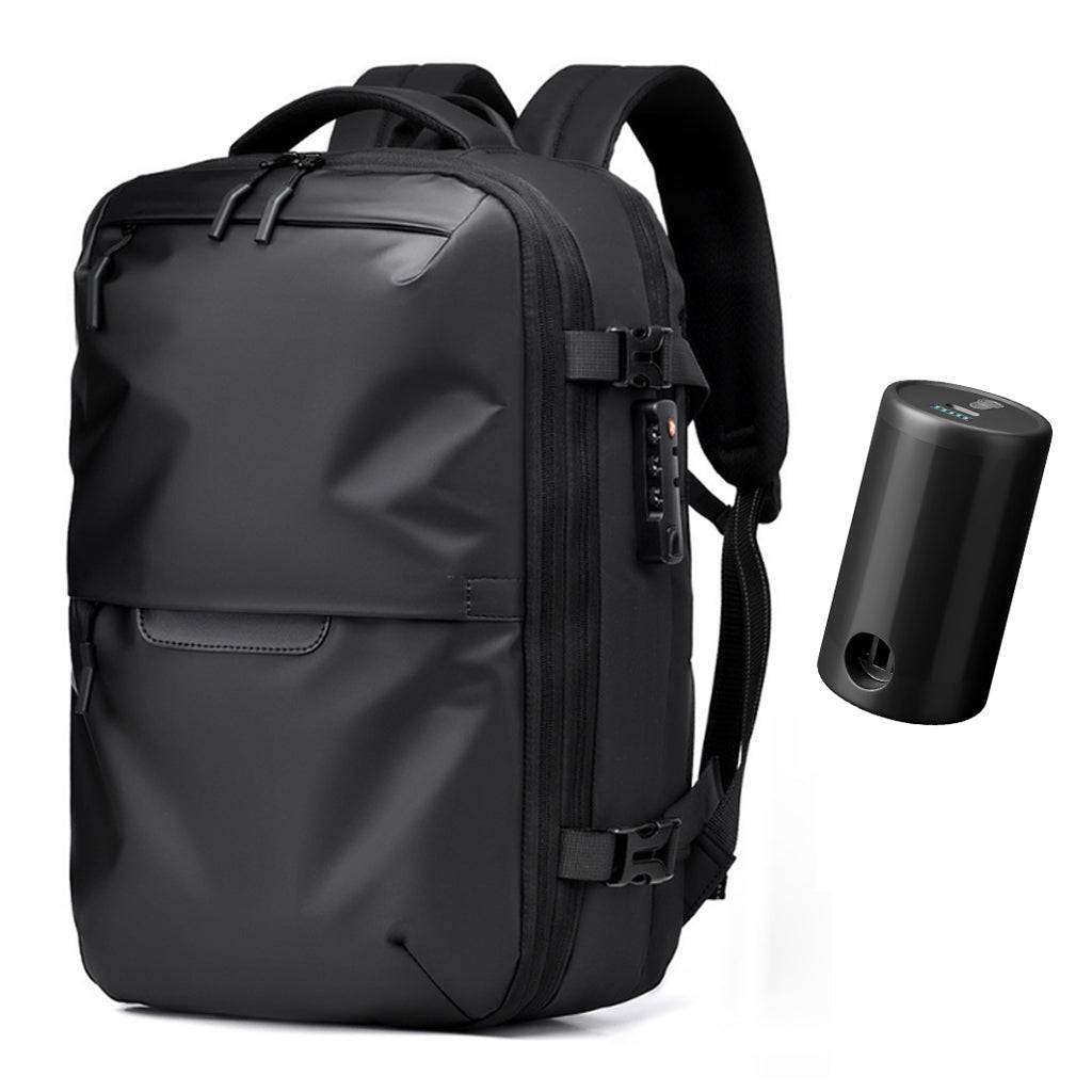 TECPHILE AirVolt Vacuum Backpack Travel Laptop Bag 55L Expandable with detachable vacuum compressor for space-saving packing.