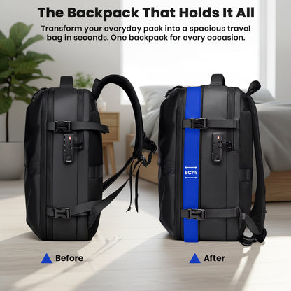 Expandable TECPHILE AirVolt Backpack with 8cm extra space, transforming from daily use to travel mode instantly.