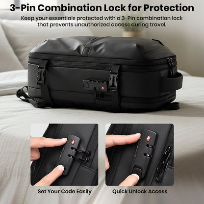 TECPHILE AirVolt Backpack with 3-pin combination lock for secure travel, preventing unauthorized access to your belongings.