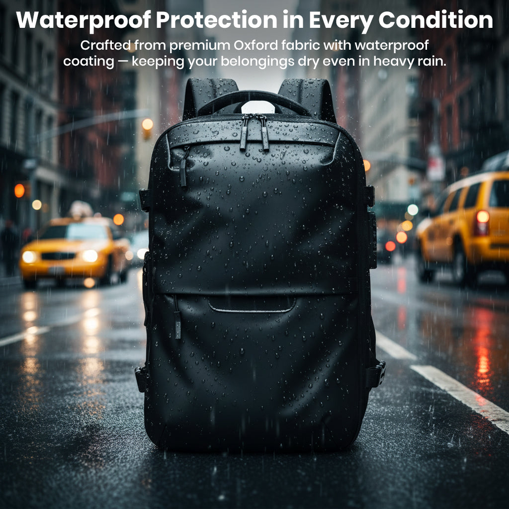 Waterproof TECPHILE AirVolt Backpack made from Oxford fabric, ideal for protecting gear in heavy rain and urban travel.