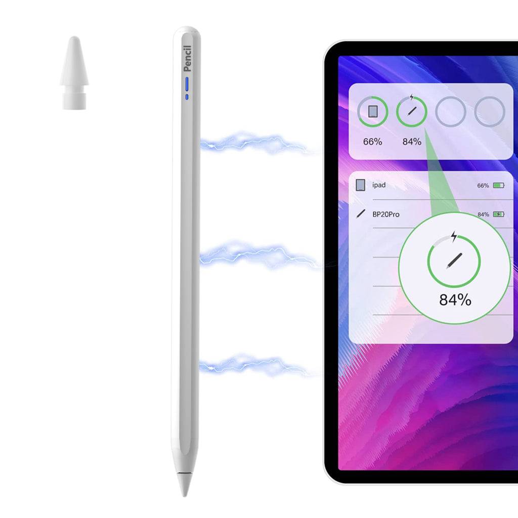 TECPHILE BP20 Pro Stylus Pen showing battery status on iPad screen with magnetic charging and extra nib for seamless use.