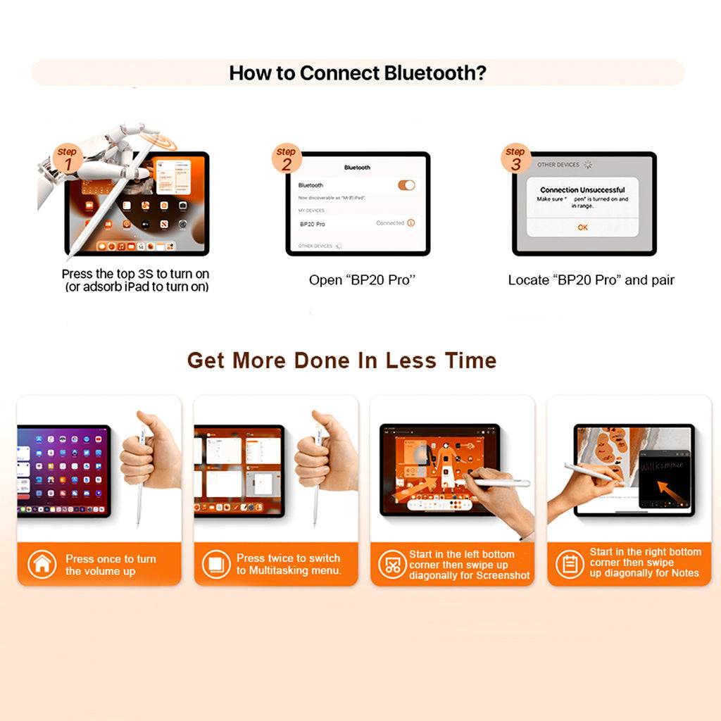 Bluetooth connection guide for TECPHILE BP20 Pro Stylus Pen with iPad, plus gesture shortcuts for multitasking and screenshots.