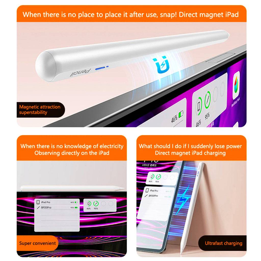 Magnetic attachment and fast charging of TECPHILE BP20 Pro Stylus Pen for iPad, with convenient storage and power display features.