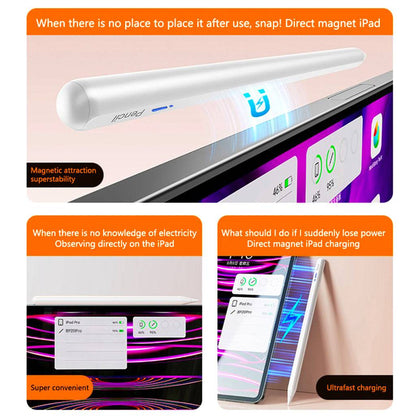Magnetic attachment and fast charging of TECPHILE BP20 Pro Stylus Pen for iPad, with convenient storage and power display features.
