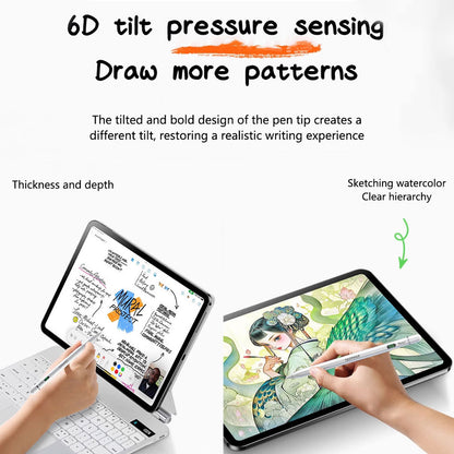 TECPHILE iPad Pencil demonstrating 6D tilt pressure sensing for detailed sketching and realistic digital art creation.