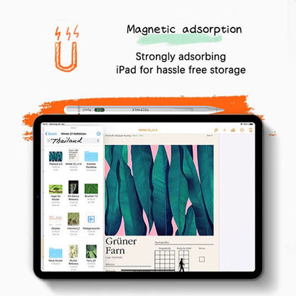 TECPHILE iPad Pencil magnetically attached to iPad, offering convenient storage and strong magnetic adsorption.