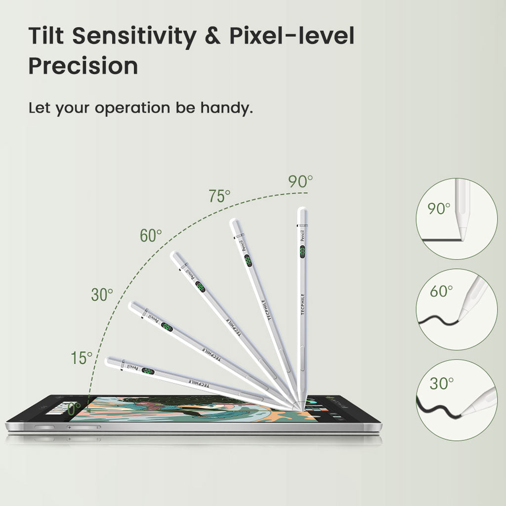 TECPHILE iPad Pencil illustrating tilt sensitivity and pixel-level precision for accurate angle-based drawing on iPads.