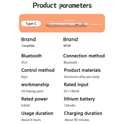 TECPHILE BP26 iPad Pencil specifications with Bluetooth, aluminum body, 130mAh battery, and 90-minute charging time.
