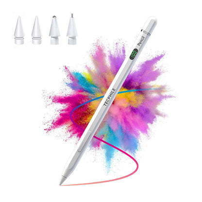 TECPHILE iPad Pencil with LED display and four interchangeable nibs, showcasing palm rejection and tilt sensitivity for digital drawing.