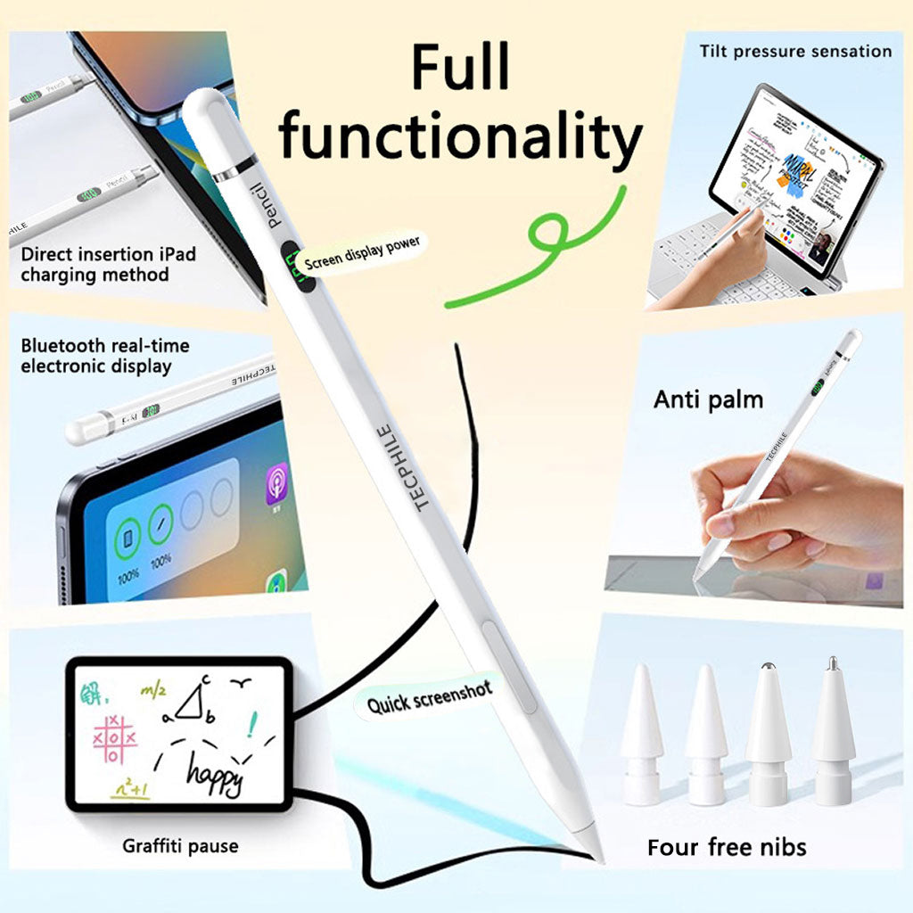 TECPHILE iPad Pencil features shown including tilt sensitivity, anti-palm touch, quick screenshot, and Bluetooth LED display.