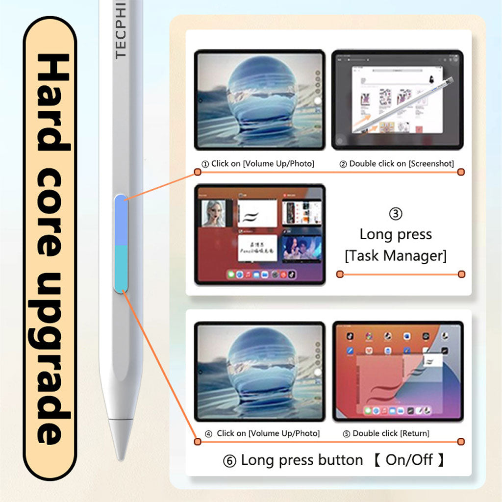 TECPHILE iPad Pencil with LED display showing shortcut functions like screenshot, task manager, and power control.