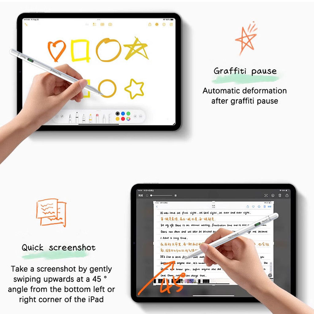 TECPHILE iPad Pencil in use for graffiti pause and quick screenshot, showing responsive touch and creative flexibility.