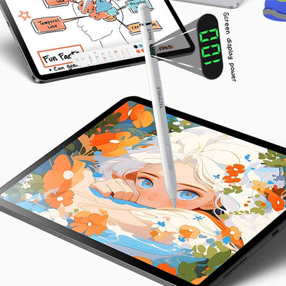TECPHILE iPad Pencil drawing on a tablet with LED display visible, highlighting precision and compatibility with creative apps.