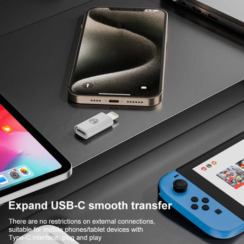 TECPHILE 35W Type-C to Lightning adapter connected to various devices like smartphones, tablets, and gaming consoles for seamless USB-C transfer.