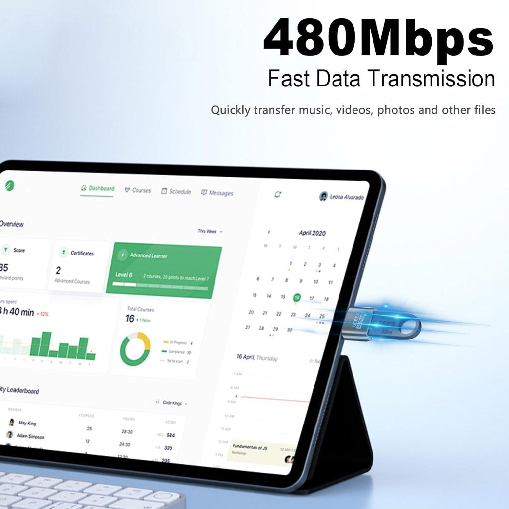 TECPHILE USB 2.0 OTG Adapter enabling 480Mbps fast data transmission between tablet and USB flash drive, perfect for file sharing.